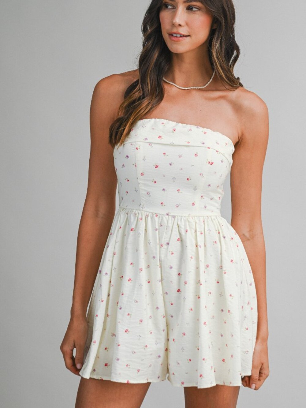 NWT Mable Soft Butter Cream Yellow Floral Pattern Strapless Romper Smocked Back